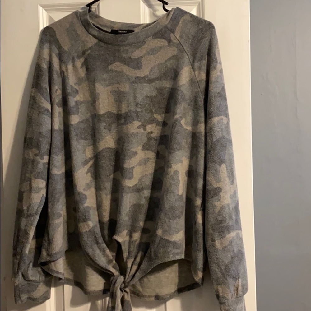 Camo tie front long sleeve shirt